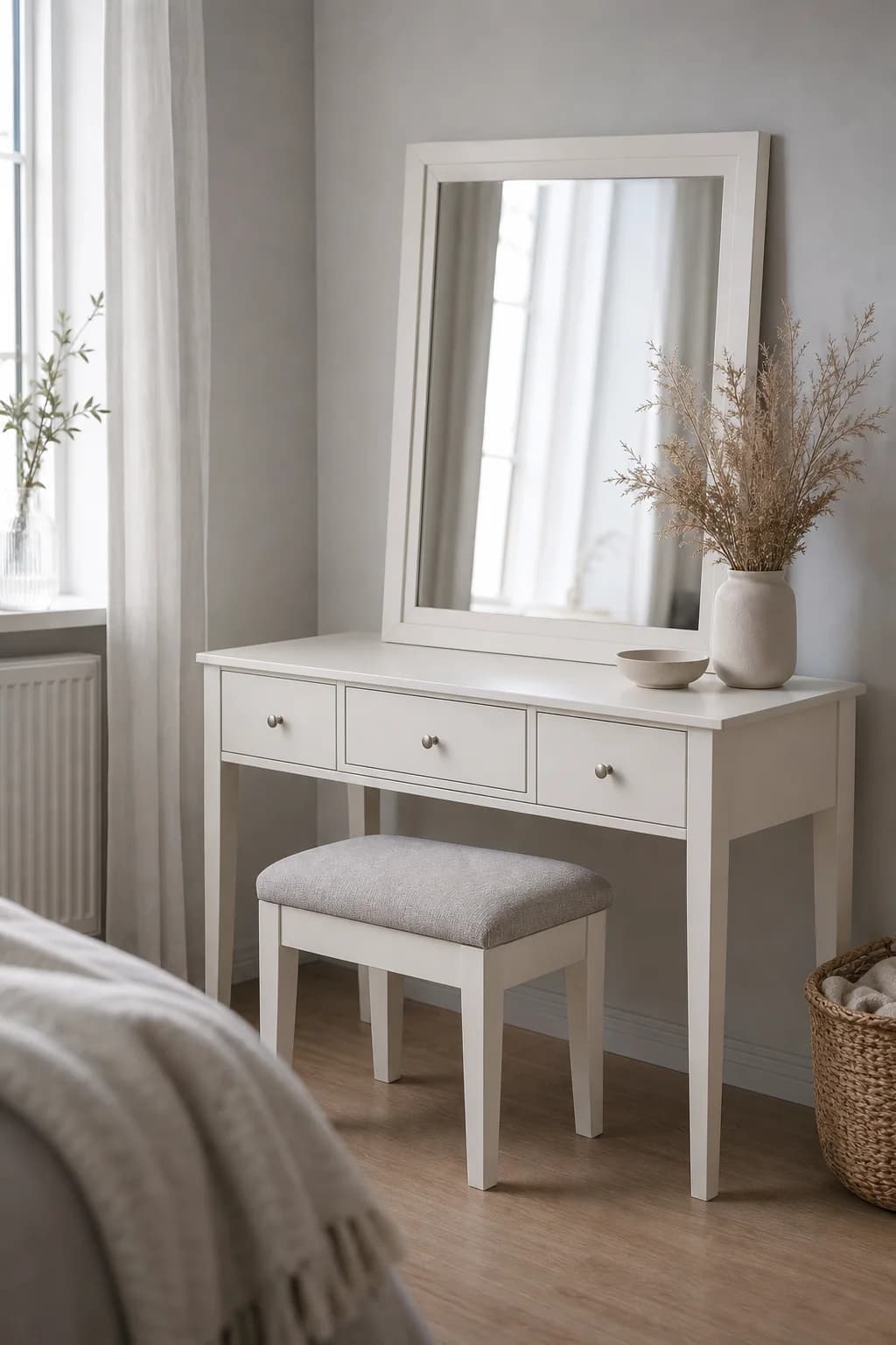 White dressing table with mirror and stool in a calm bedroom