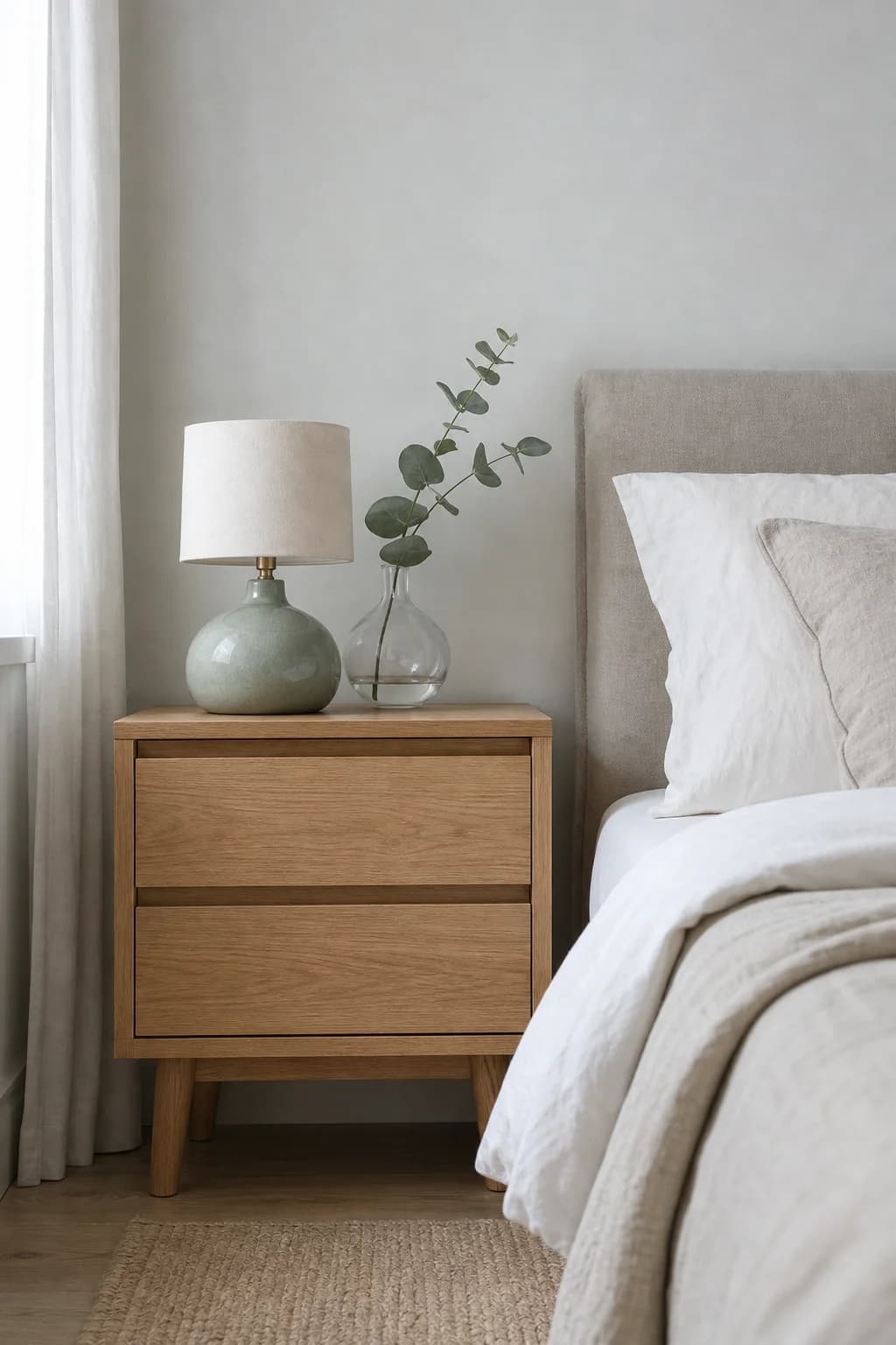 Light oak bedside table and ceramic lamp beside a linen-made bed