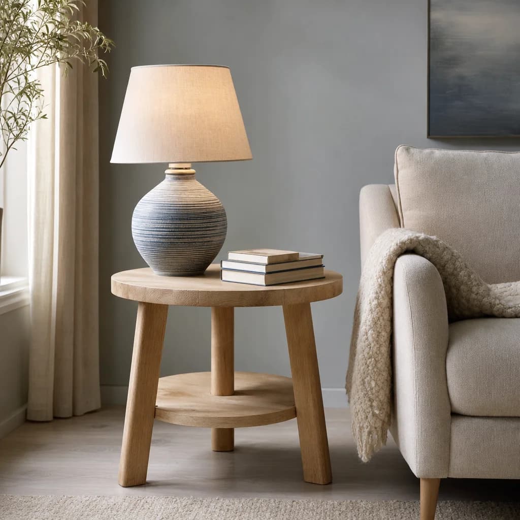 Striped ceramic table lamp on a side table by an armchair