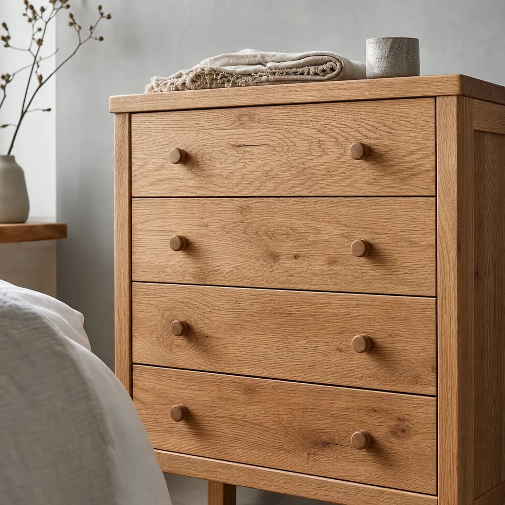 Oak chest of drawers with a folded linen throw