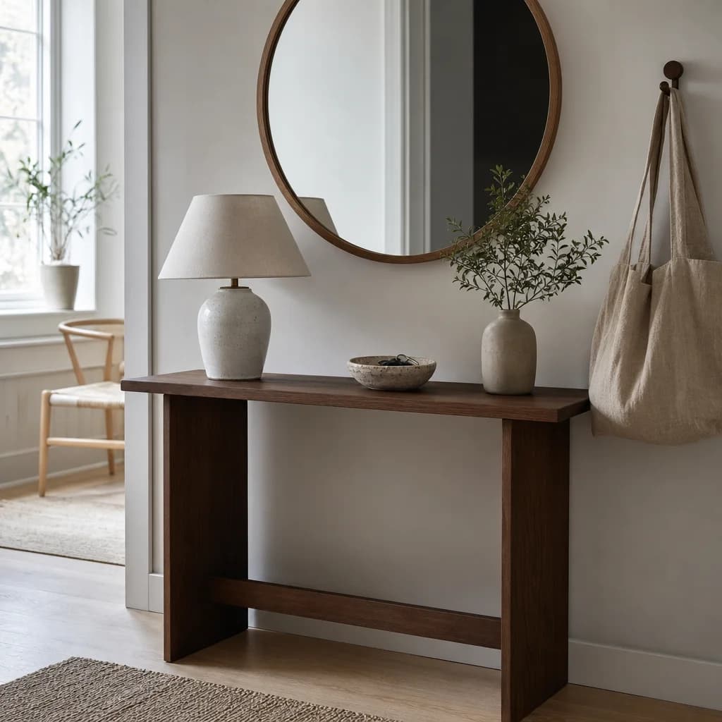 Dark oak console table with a round mirror in a hallway